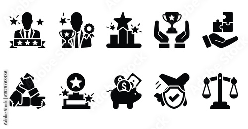 Set of business success achievement icons isolated on white background, concept of teamwork and leadership