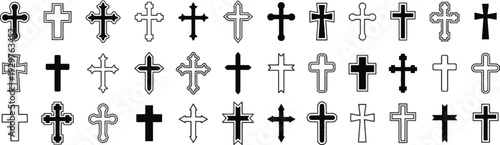 Set of christian cross symbols in various styles and outlines for religious themes