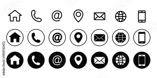 Set of communication and contact icons in outline, circle and filled styles for web and app design