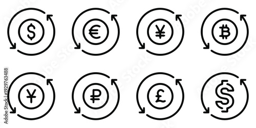 Set of currency exchange icons with circular arrows dollar euro yen bitcoin ruble pound