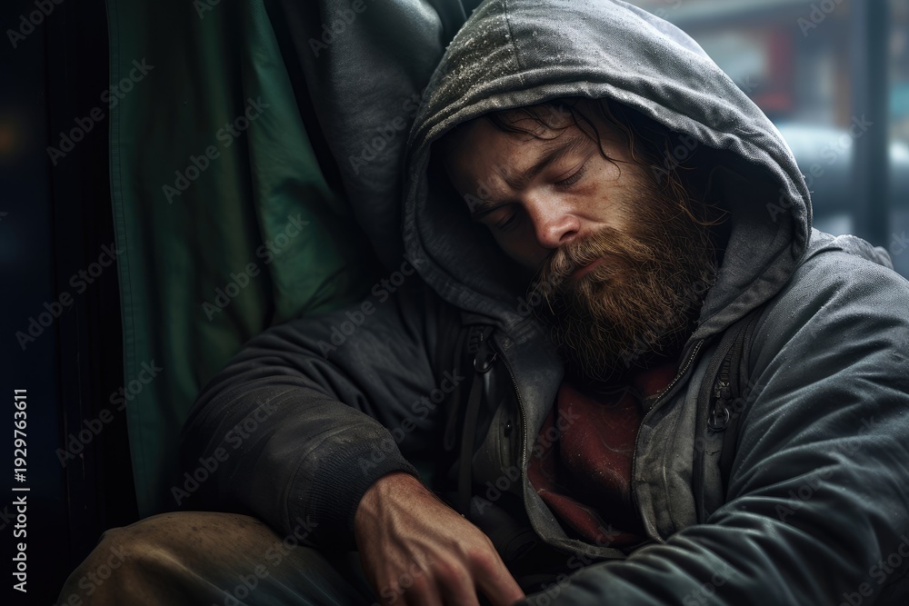 Fototapeta premium Homeless man with beard and closed eyes resting. Social problem of homelessness and poverty. Empathy concept.