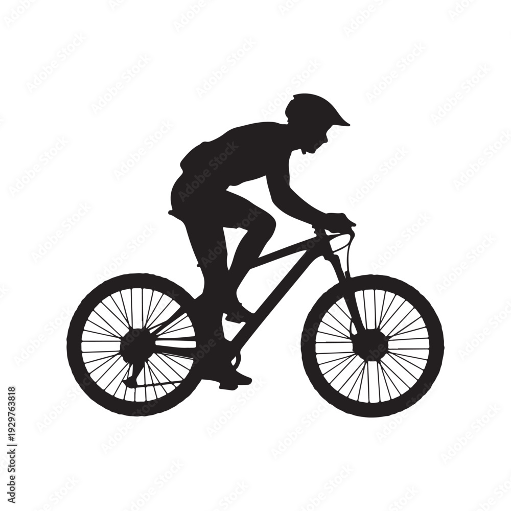 Obraz premium Cyclist Riding Mountain Bike Silhouette Vector – Side View MTB Rider Isolated