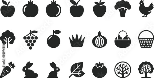 Farm fresh food and agriculture silhouette icon set, fruits vegetables animals basket organic market black vector collection isolated on white