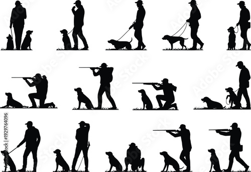 Hunter with dog silhouette set, man training hunting dog collection, gun shooter poses, dog handler walking, isolated black vector illustration
