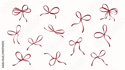 Coquette Aesthetic Red Wine Ribbon Bows, Minimalist Ink Line Art Set