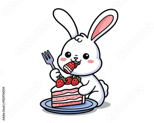 Cute white rabbit, sitting at a table enjoying a strawberry sponge cake with a fork, charming cartoon bunny illustration on light white background for kids designs, nursery prints, stickers, posters.