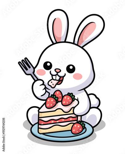 Adorable white rabbit sitting, at a table eating a delicious strawberry sponge cake with a fork on a white  background.
