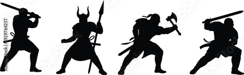 Medieval warrior silhouettes set, fantasy Viking and knight fighters with sword, axe and spear vector illustration isolated on white background