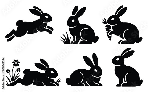 Rabbit silhouette, illustration in natural poses, black bunny wildlife vector artwork featuring jumping, sitting, eating grass and resting with flowers, animal graphic set for nature themed design.