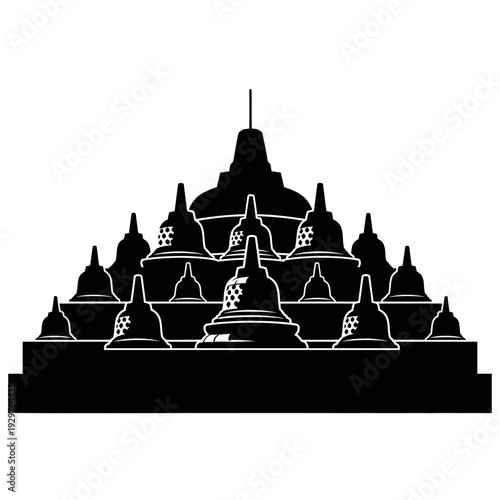 Flat black vector illustration of an ancient tiered temple with multiple stupas, symbolizing spiritual heritage, historical Asian architecture, and cultural pilgrimage destination