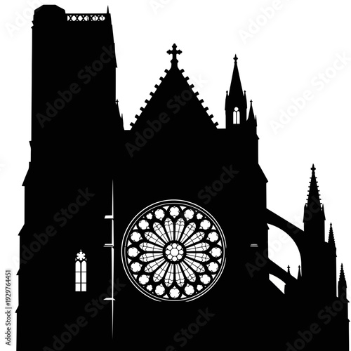 Majestic Gothic cathedral silhouette featuring an intricately designed rose window, showcasing historical European architectural grandeur and detailed sacred geometry