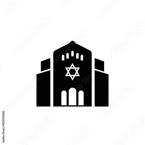 Elegant minimalist black silhouette icon of a Jewish synagogue, featuring the Star of David, ideal for religious symbolism and cultural identity designs