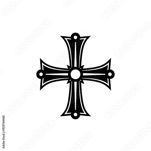 Cross Symbol Christian Religious Icon, Heraldic Emblem with Ornate Decorative Elements on White Background