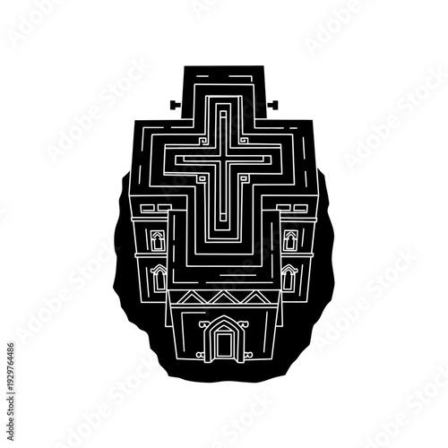 Stylized monochrome icon of a spiritual building with a distinctive cross-like structure and intricate geometric architecture, representing a sacred place of worship silhouette