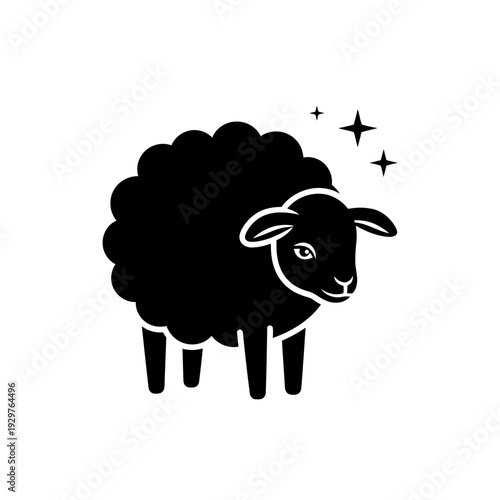 Charming black sheep silhouette icon with gentle sparkling details, a simple vector graphic representing farm animals and livestock in a cute, modern design
