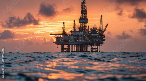 An offshore oil rig dawn bathed soft, golden light calm ocean surface reflects pastel-colored sky sunrise silhouette rig contrasts peaceful horizon, waves lapping platform atmosphere tranquil industry