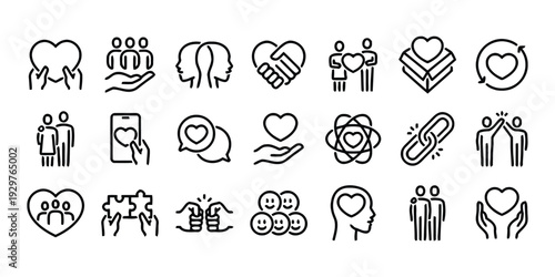 Set of diverse line icons representing human connection friendship and care