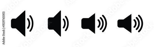 Set of four black speaker volume icons representing sound levels