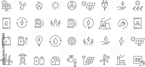Set of eco energy icons with solar panel wind turbine and battery charging symbols