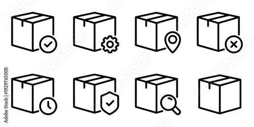 Set of eight parcel box icons with various status symbols like checkmark, gear, and location pin