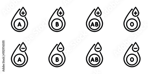 Set of eight blood type icons with positive and negative signs within drop shapes