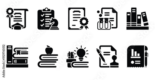 Set of education icons including graduation cap, books, diploma, laboratory equipment and stack of books with apple