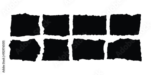 Set of eight black torn paper edge square shapes for grunge and distressed design elements