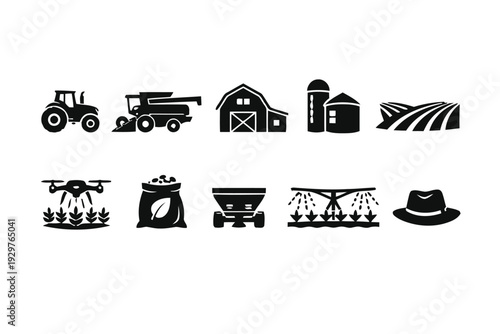 Set of farming and agriculture icons in black and white, modern vector illustrations for technology and harvest themes