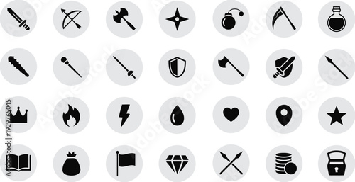 Set of flat game icons representing weapons, items, and symbols on light grey circles