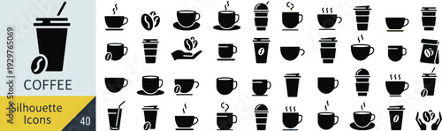 Set of forty coffee silhouette icons featuring various mugs cups take away containers and roasted beans