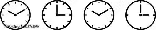 set of four analog clocks showing different times with thick outlines