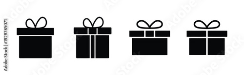 Set of four black gift boxes with ribbons, flat icons for holiday celebrations and surprise presents