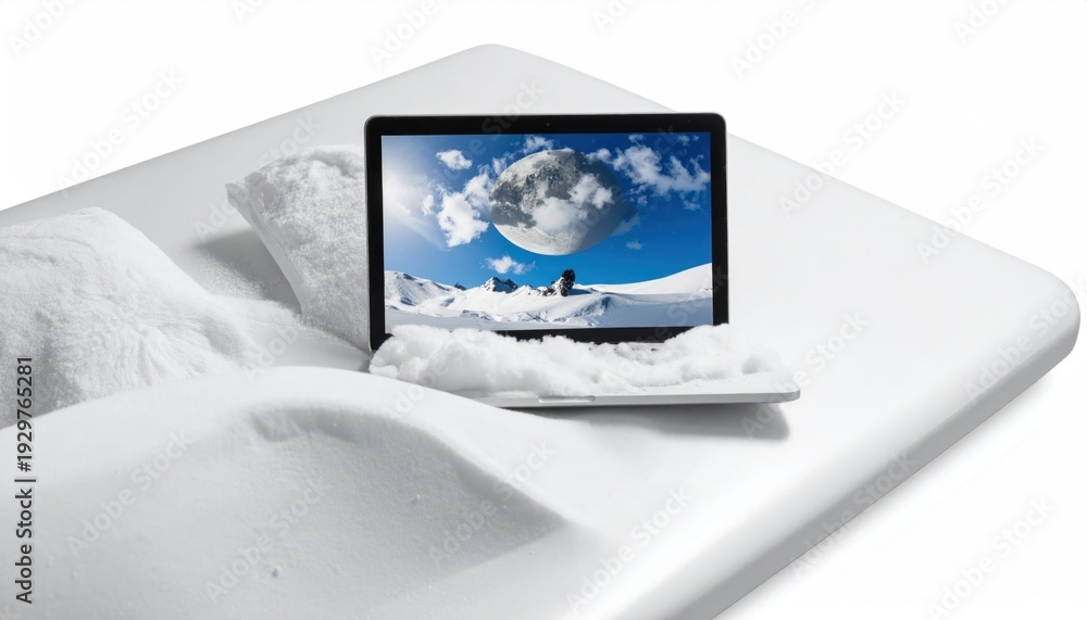 Fototapeta premium Laptop sits in an all-white setting, screen showing a snowy mountain scene with the moon