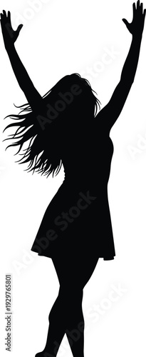 Black silhouette of a joyful woman with long hair raising her arms in celebration isolated on white background.