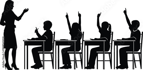 Black silhouette of a female teacher standing and gesturing to diverse students sitting at desks and raising hands in classroom.