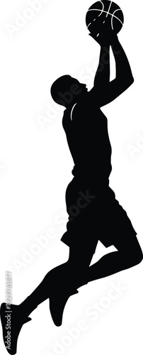Black silhouette of a male basketball player performing a jump shot isolated on white background for sports and fitness competition concepts.