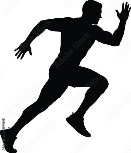 Black silhouette of a powerful male sprinter in full motion isolated on white background for sports competition and fitness concepts.