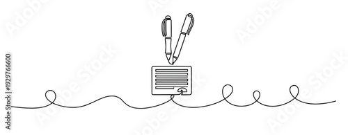 Two pens hovering above signed document on continuous line. No editable stroke