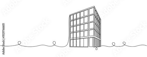 Modern office building emerging from continuous line background. No editable stroke