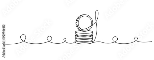 Stack of coins with single coin leaning on continuous line. No editable stroke