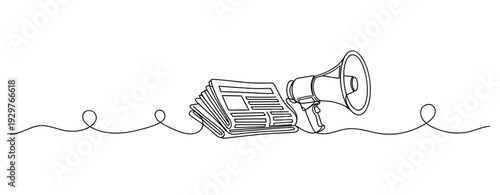 Newspaper and megaphone positioned together on continuous line. No editable stroke