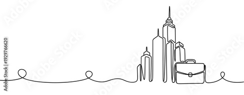 City skyline with briefcase connected by single line. No editable stroke