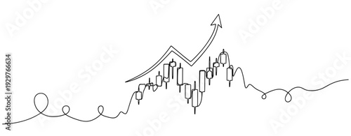 Financial candlestick chart rising with arrow in continuous line. No editable stroke