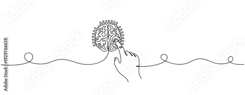 Hand touching stylized brain line drawing on white background. No editable stroke