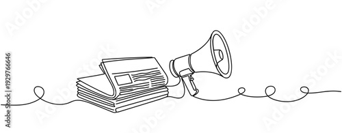 Newspapers and megaphone indicating announcement on white background. No editable stroke