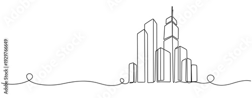 City skyline rising from continuous line on white background. No editable stroke