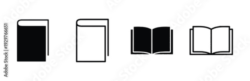 Set of four book icons showing open and closed books in solid fill and outline styles