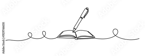 Open book with pen writing on pages representing note taking. No editable stroke