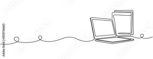 Open laptop beside standing book on continuous line surface. No editable stroke