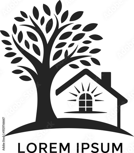 Eco home and tree logo design, sustainable real estate branding, nature house silhouette, green property symbol, minimalist vector